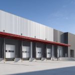 Sandwich-panel industrial hall exterior, modular insulated panels, steel frame, clean modern warehouse, wide-angle.