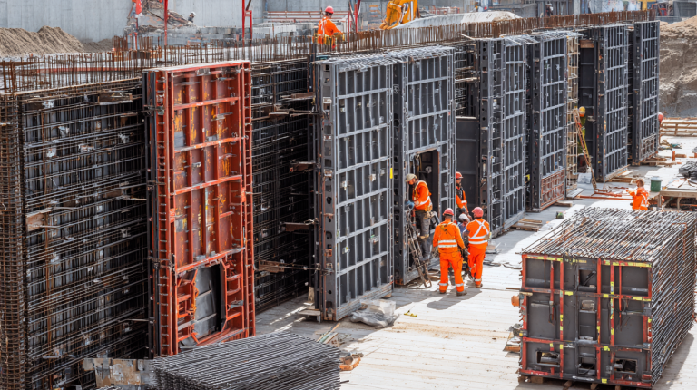 Slab formwork rental on construction site showing stacked formwork panels and workers installing