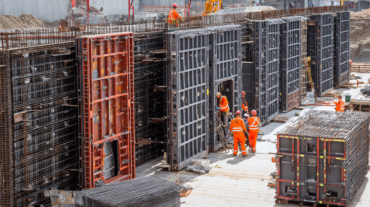 Slab formwork rental on construction site showing stacked formwork panels and workers installing